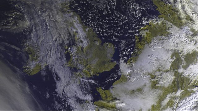 A frost and snow enhancement from an undated satellite pass over the UK