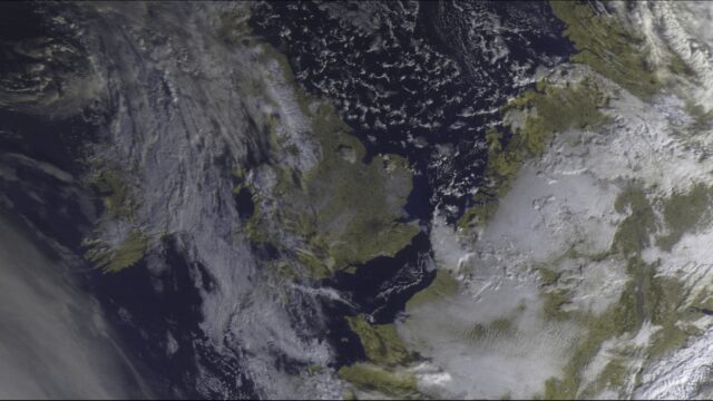 True-colour satellite image of the UK and Ireland under broken cloud, received from Meteor M2-3