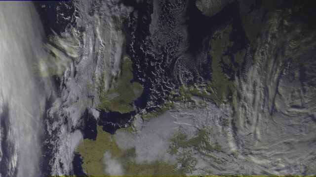 True-colour satellite image of Britain and Scandinavia, received from Meteor M2-4
