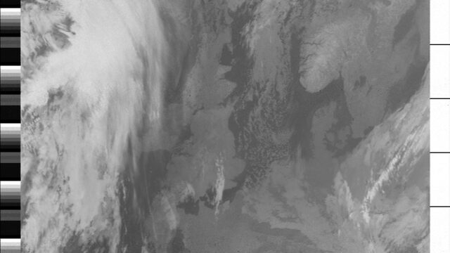 Infrared satellite image from NOAA 18 at night, with a grey calibration wedge down the right edge